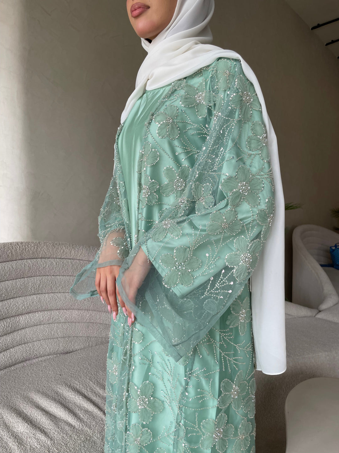 Green-Silk-Pistachio-Pearl-Full-Abaya-Set