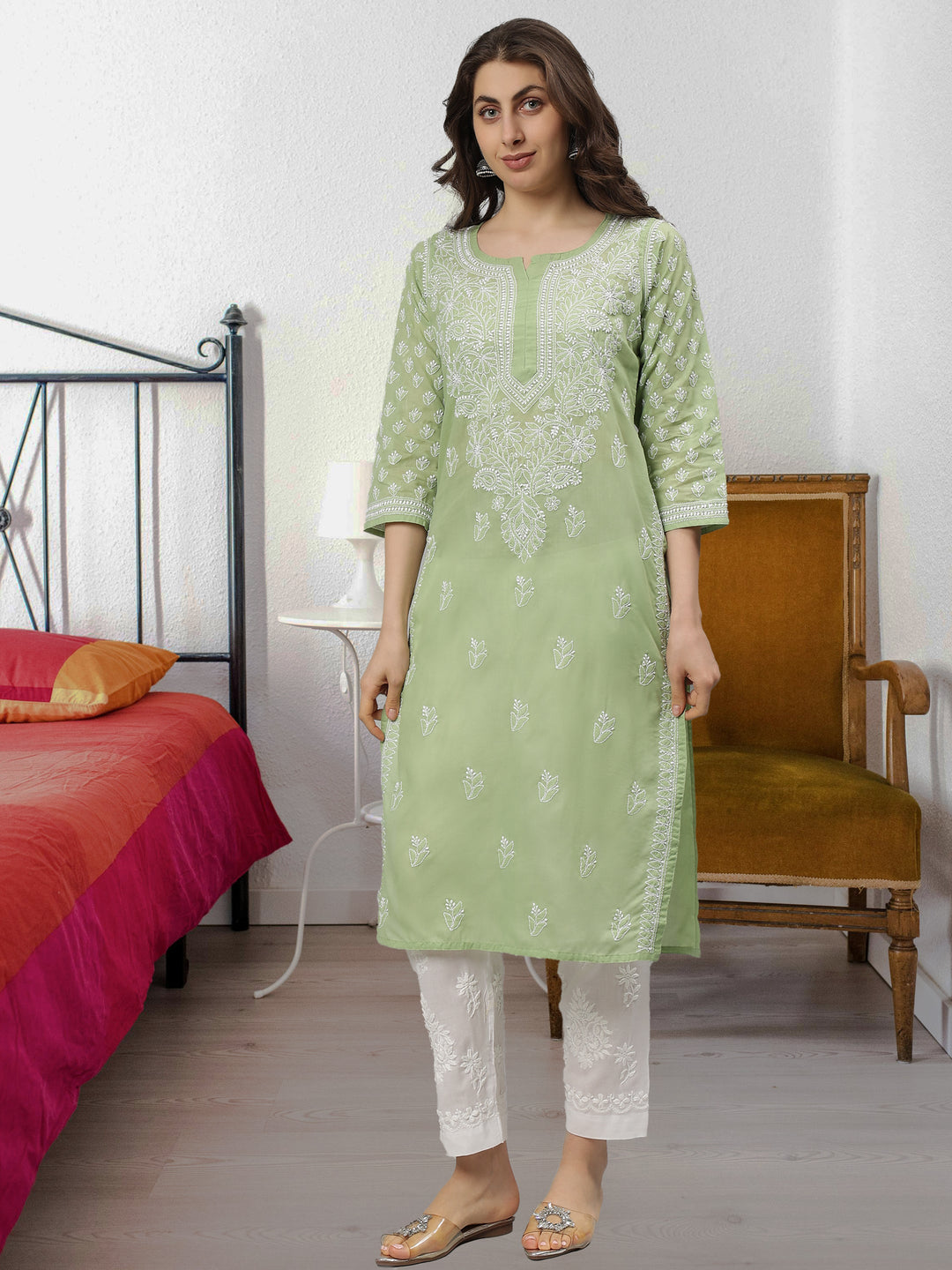 Green-Terivoil-Cotton-Embroidered-Chikankari-Kurta-Only