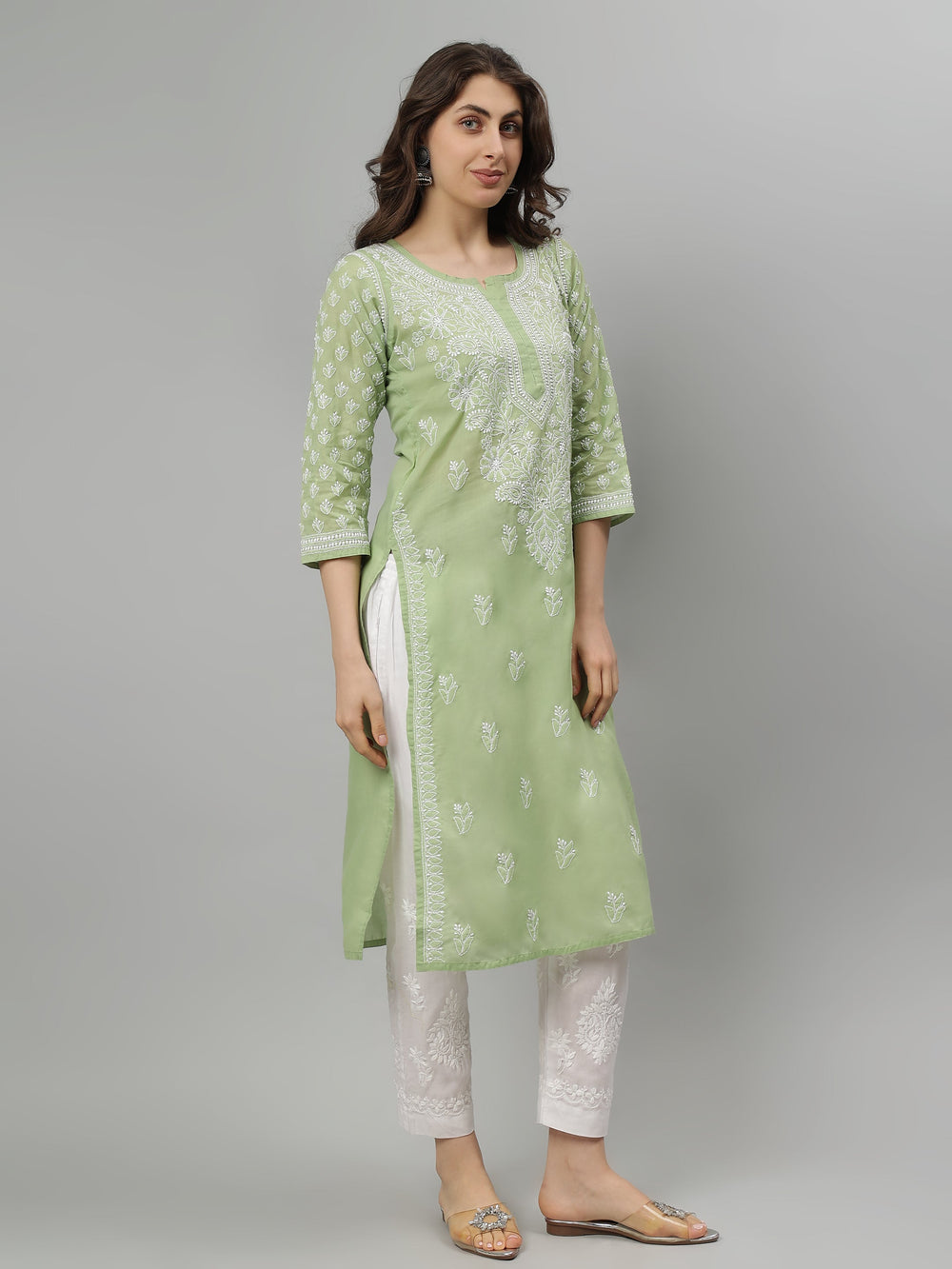 Green-Terivoil-Cotton-Embroidered-Chikankari-Kurta-Only