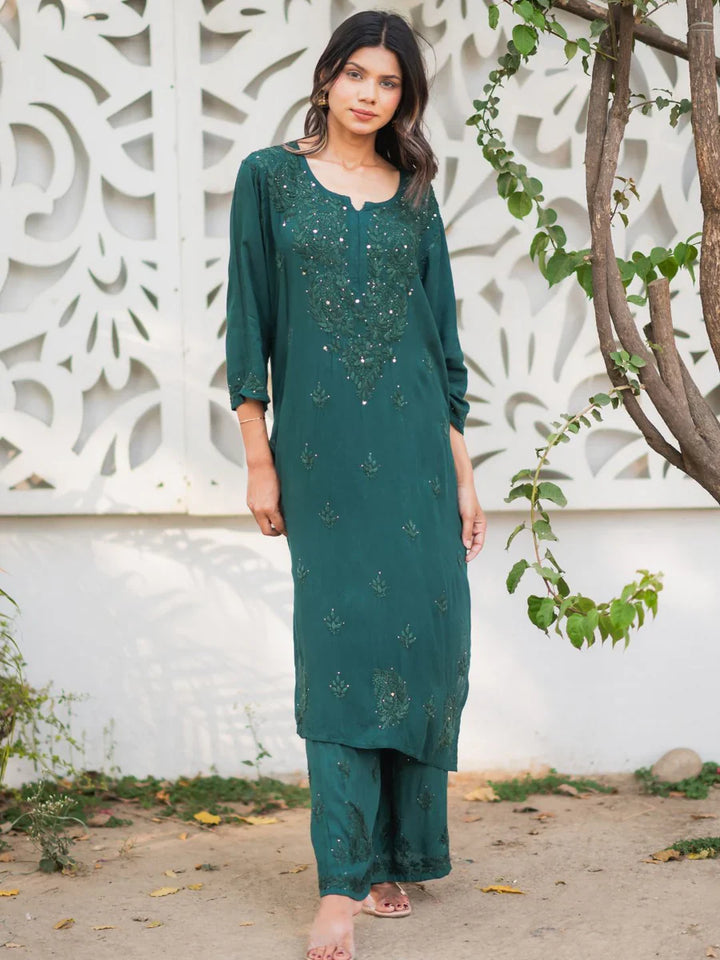 Green-Viscose-Blossom-Mukaish-2-Piece-Kurta-Set