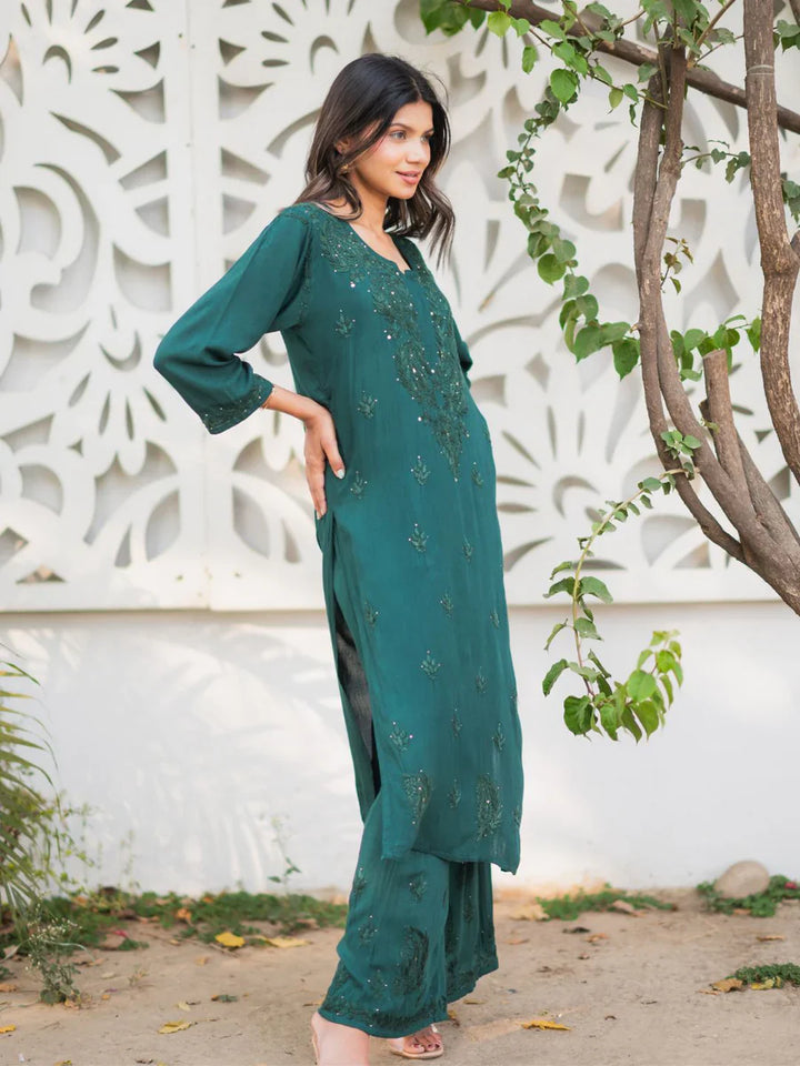 Green-Viscose-Blossom-Mukaish-2-Piece-Kurta-Set