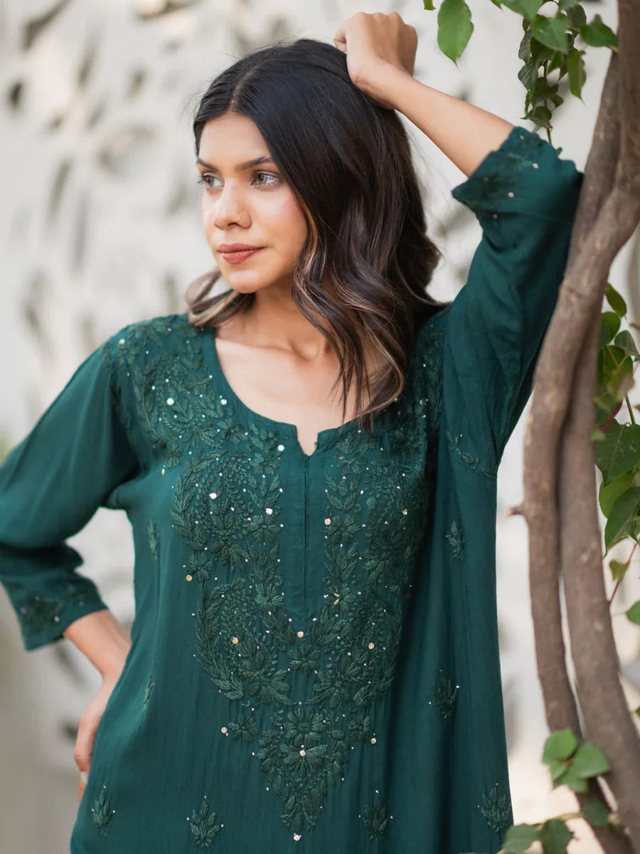 Green-Viscose-Blossom-Mukaish-2-Piece-Kurta-Set