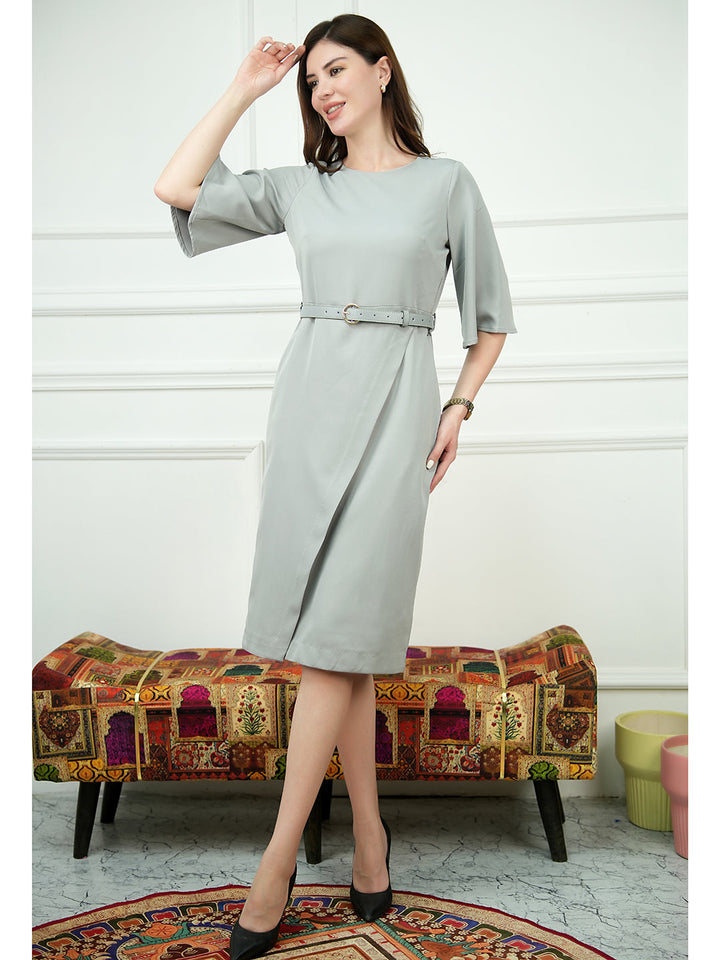 Grey-Blended-Fabric-Bliss-Bell-Sleeve-Dress-With-Belt