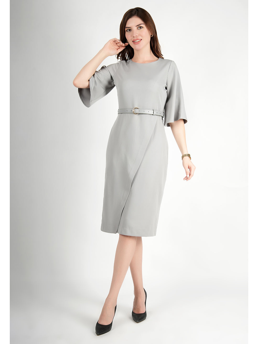 Grey-Blended-Fabric-Bliss-Bell-Sleeve-Dress-With-Belt