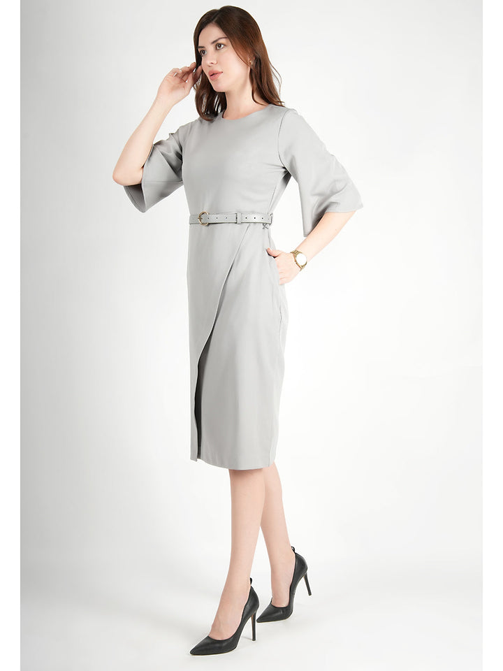 Grey-Blended-Fabric-Bliss-Bell-Sleeve-Dress-With-Belt