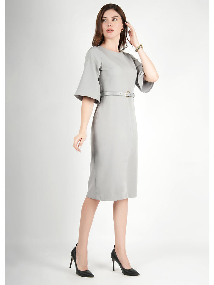 Grey-Blended-Fabric-Bliss-Bell-Sleeve-Dress-With-Belt