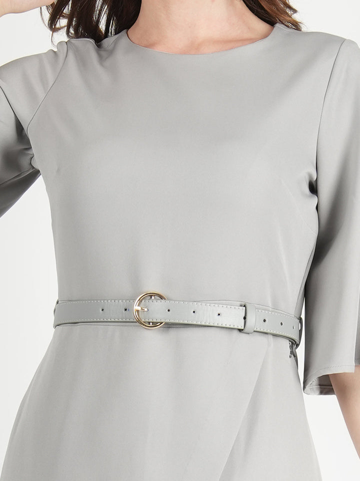 Grey-Blended-Fabric-Bliss-Bell-Sleeve-Dress-With-Belt