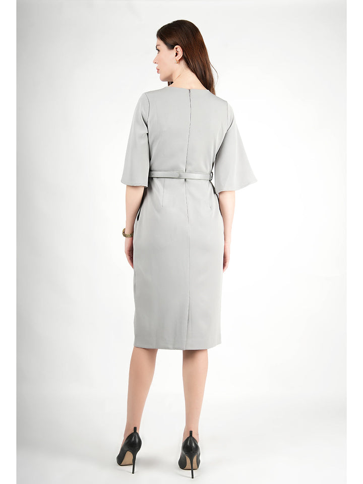 Grey-Blended-Fabric-Bliss-Bell-Sleeve-Dress-With-Belt