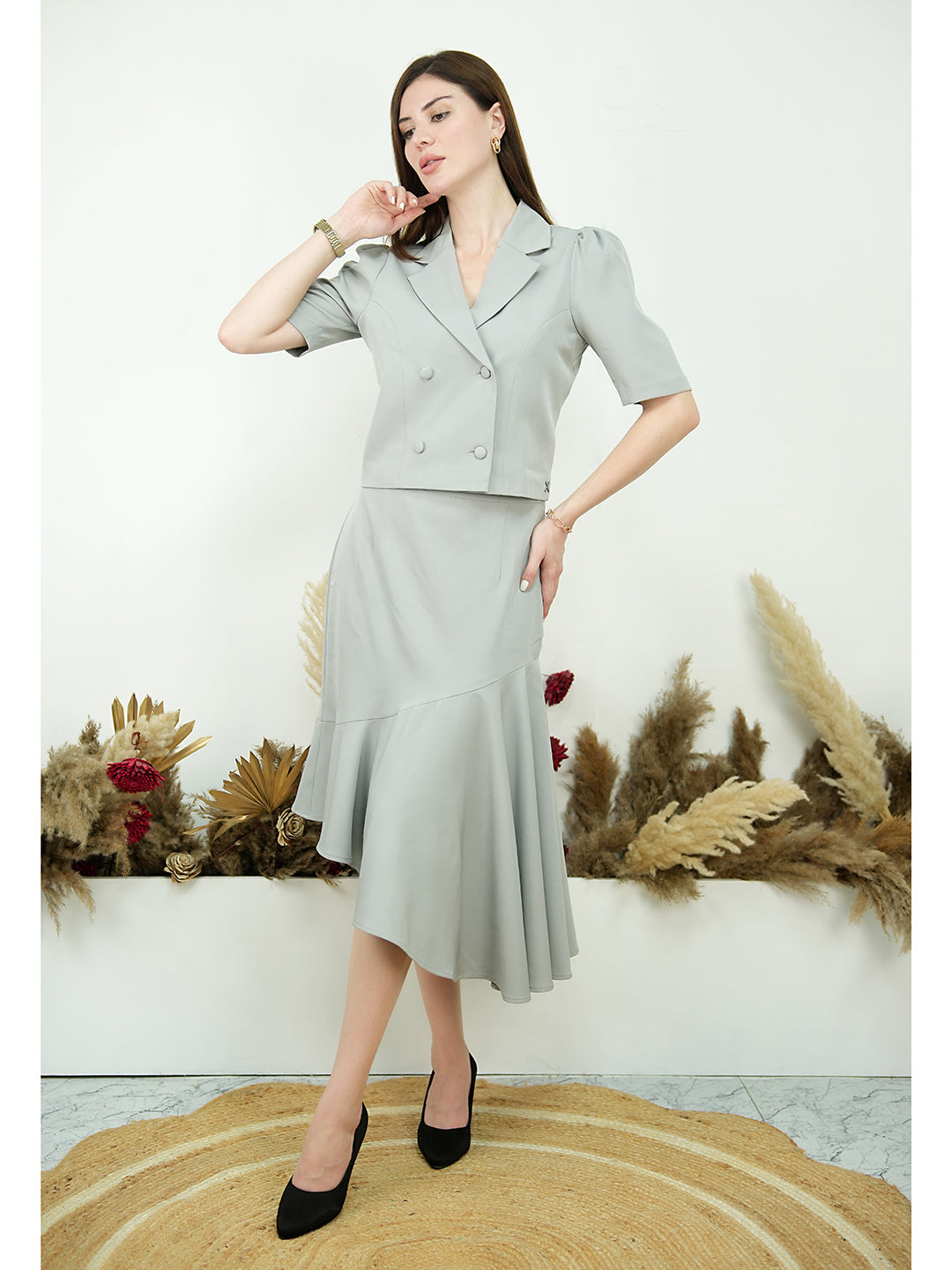 Grey-Blended-Fabric-Sunbeam-Blazer-Top-With-Skirt