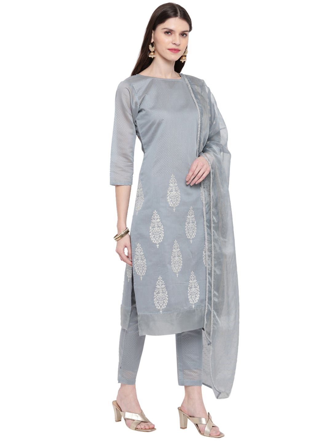 Grey Chanderi Ajrakh Motif 3-Piece Kurta Set