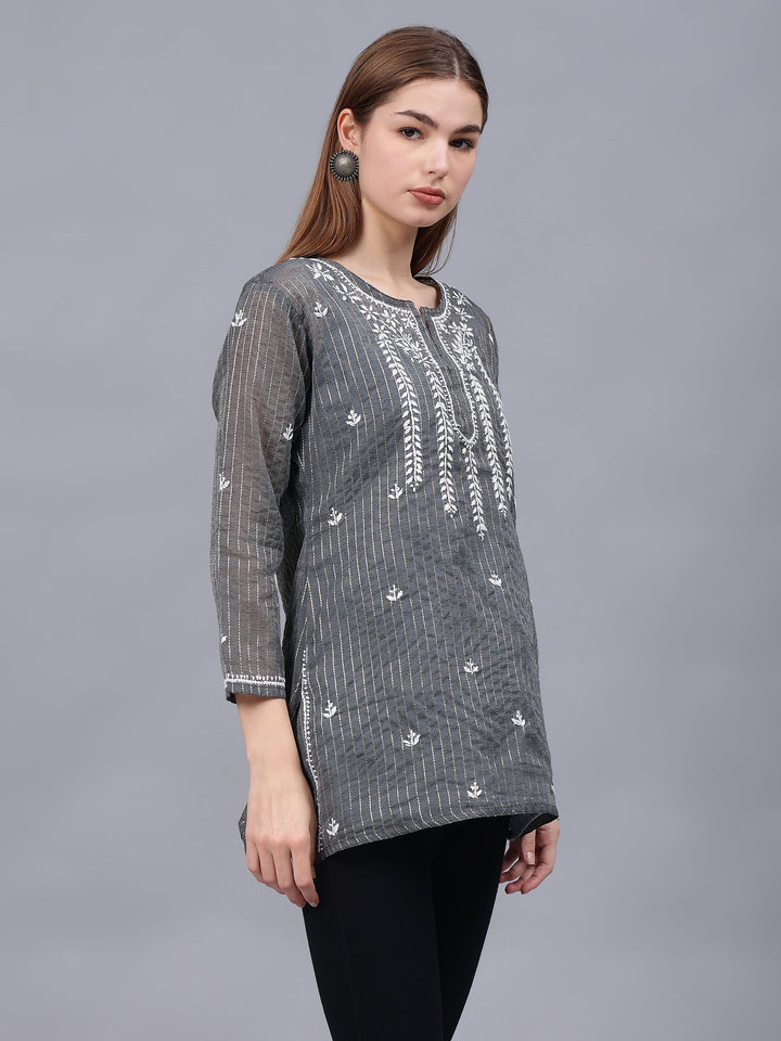 Grey-Chanderi-Embroidered-Chikankari-Tunic-With-Slip