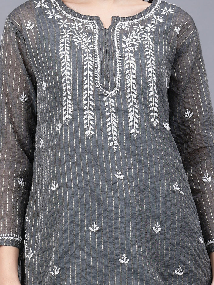 Grey-Chanderi-Embroidered-Chikankari-Tunic-With-Slip