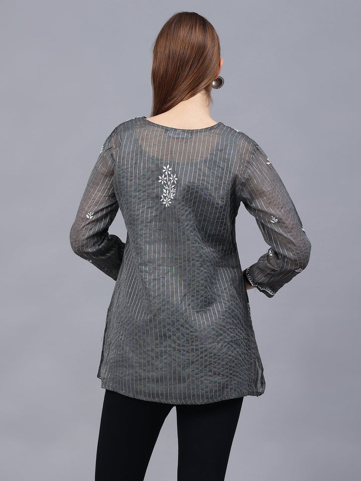 Grey-Chanderi-Embroidered-Chikankari-Tunic-With-Slip