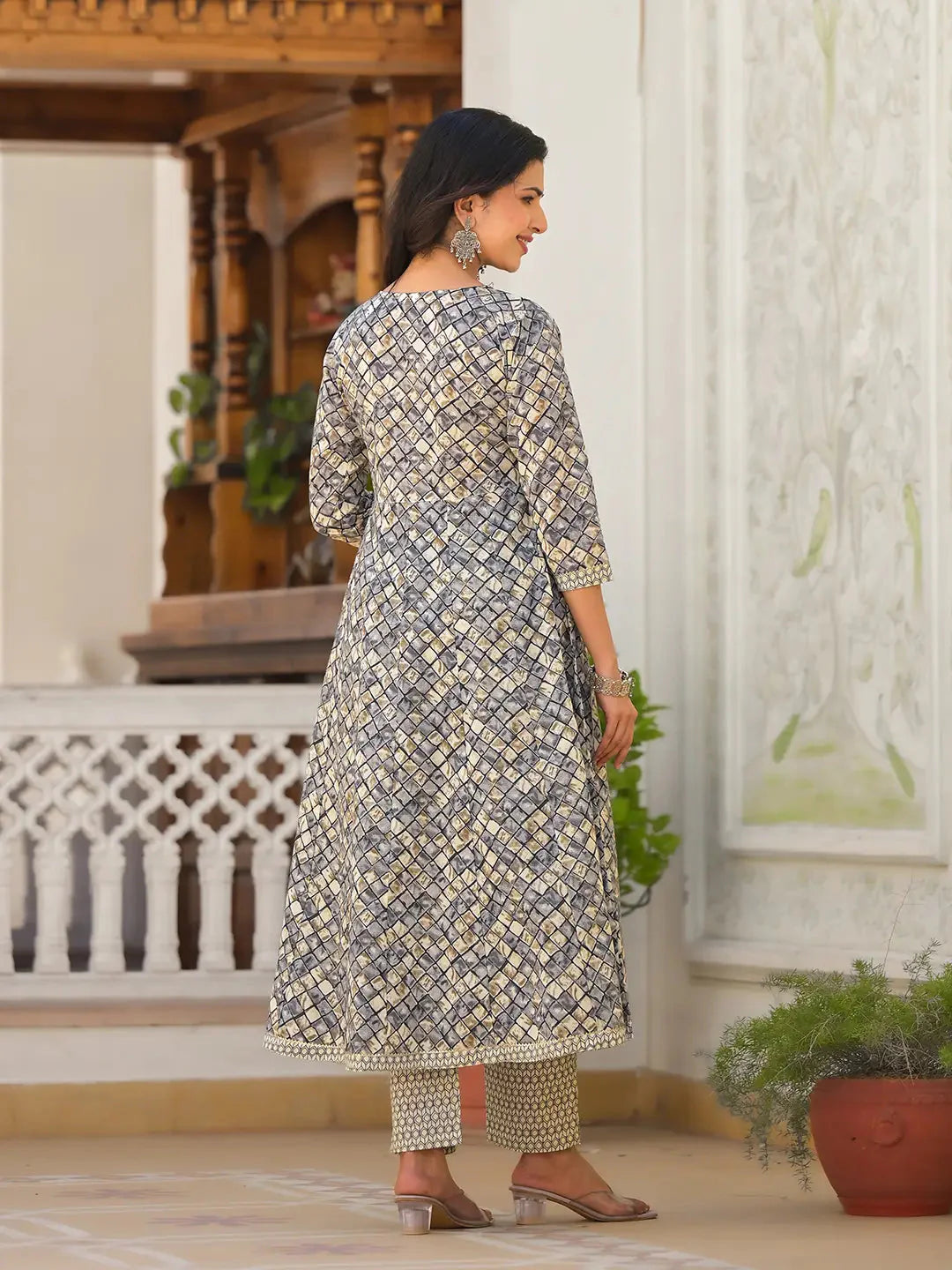 Grey-Cotton-Checkered-Print-Anarkali-Set