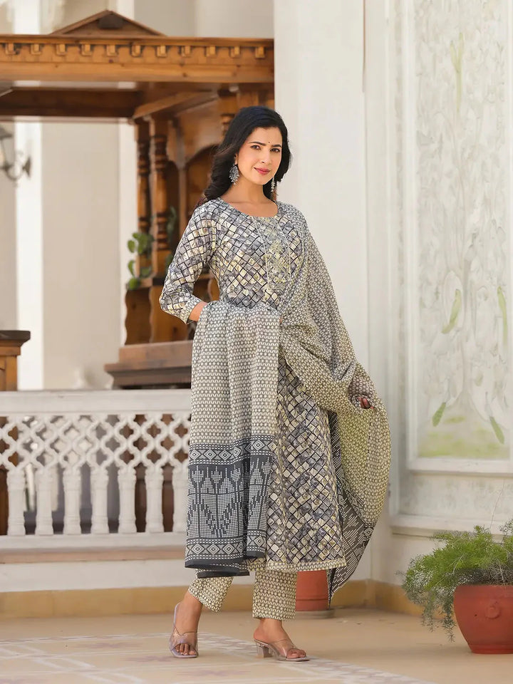 Grey-Cotton-Checkered-Print-Anarkali-Set