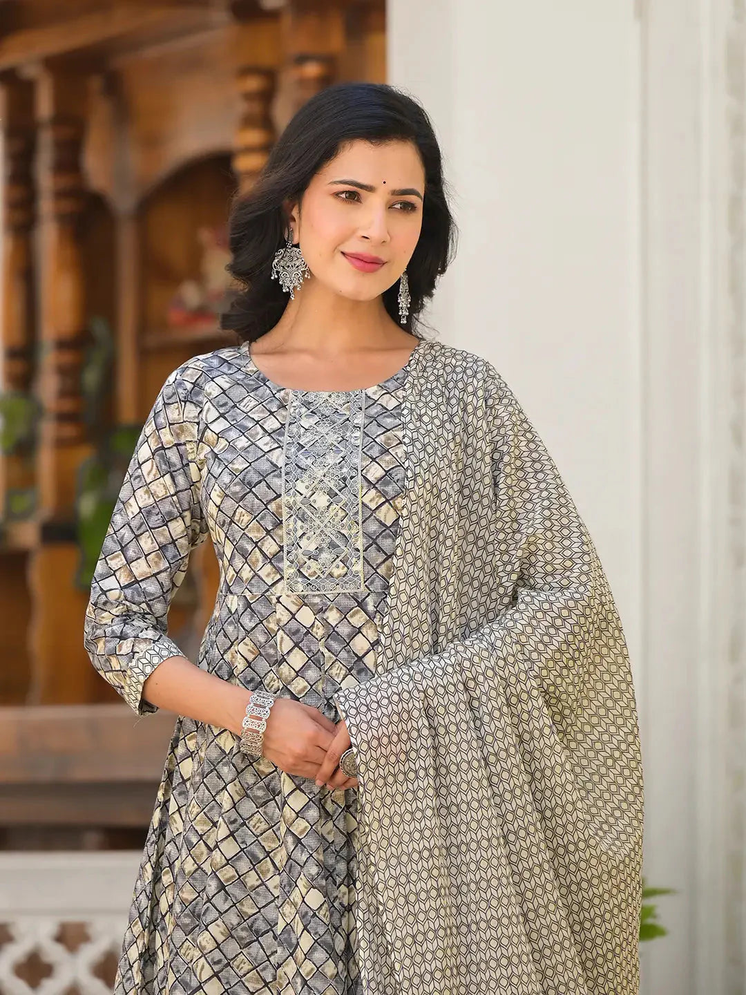 Grey-Cotton-Checkered-Print-Anarkali-Set