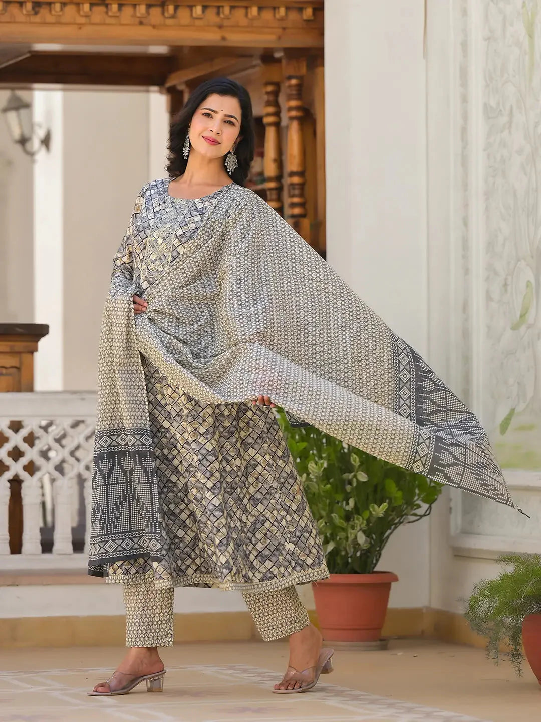 Grey-Cotton-Checkered-Print-Anarkali-Set