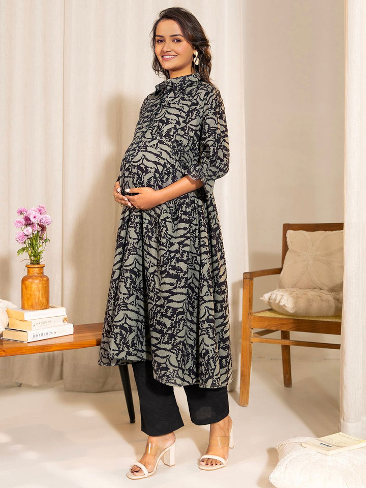 Grey-Cotton-Abstract-Printed-A-Line-Kurta