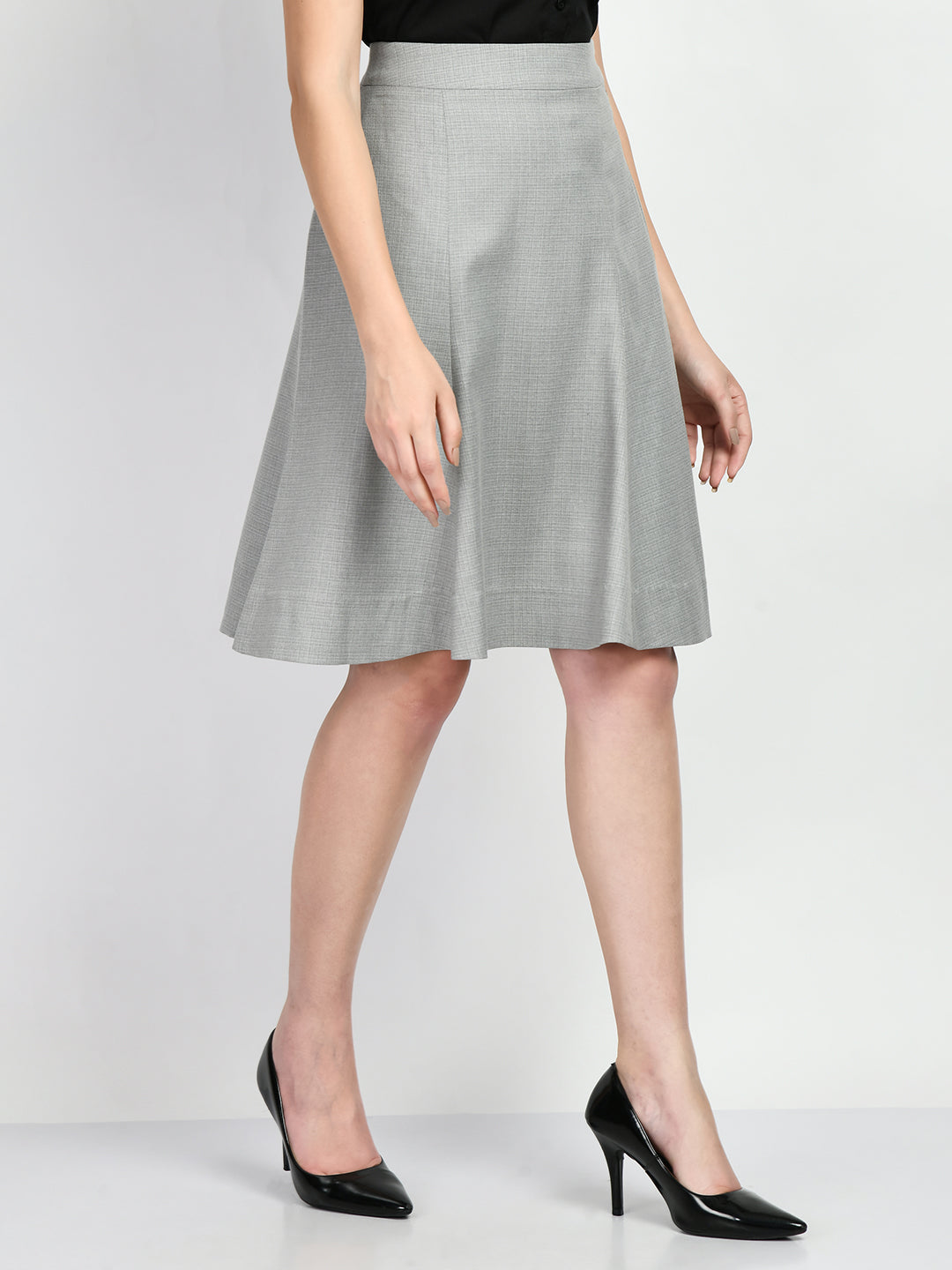 Grey-Cotton-Blend-Decisiveness-Checked-A-Line-Skirt