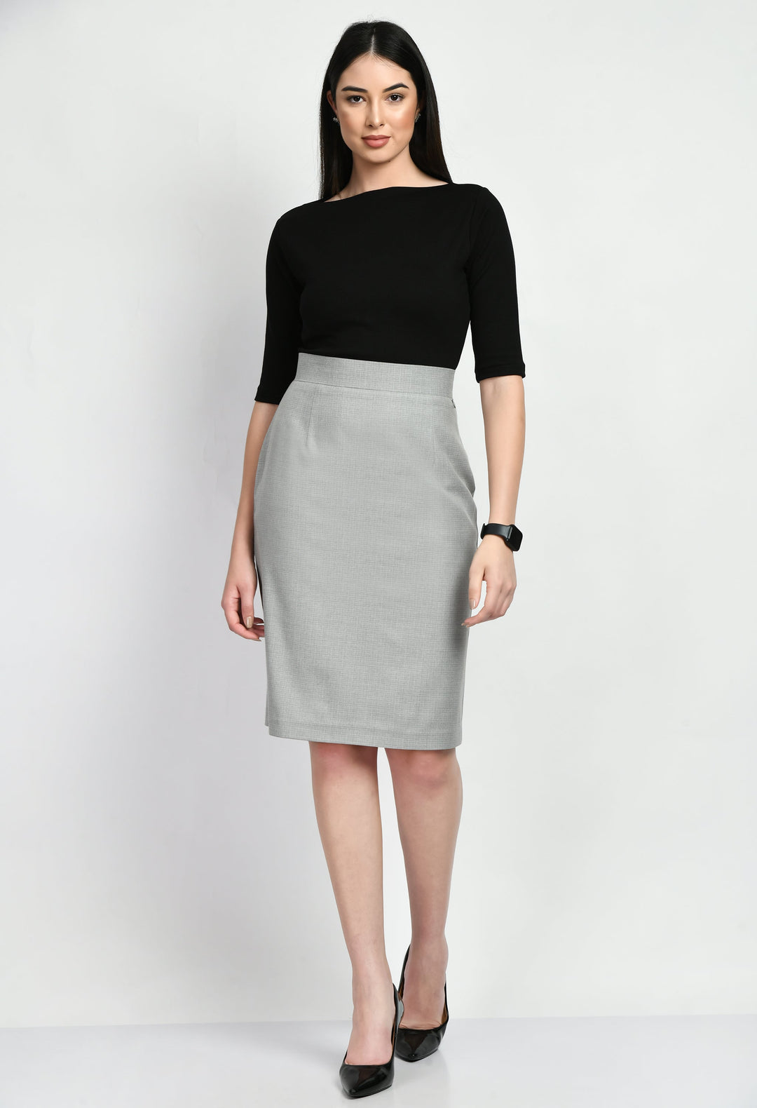 Grey-Cotton-Blend-Empathy-Checked-Pencil-Skirt