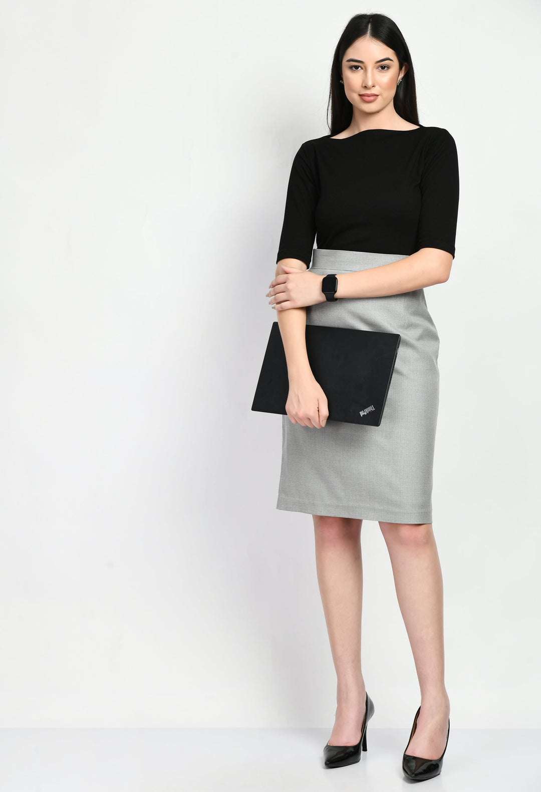 Grey-Cotton-Blend-Empathy-Checked-Pencil-Skirt