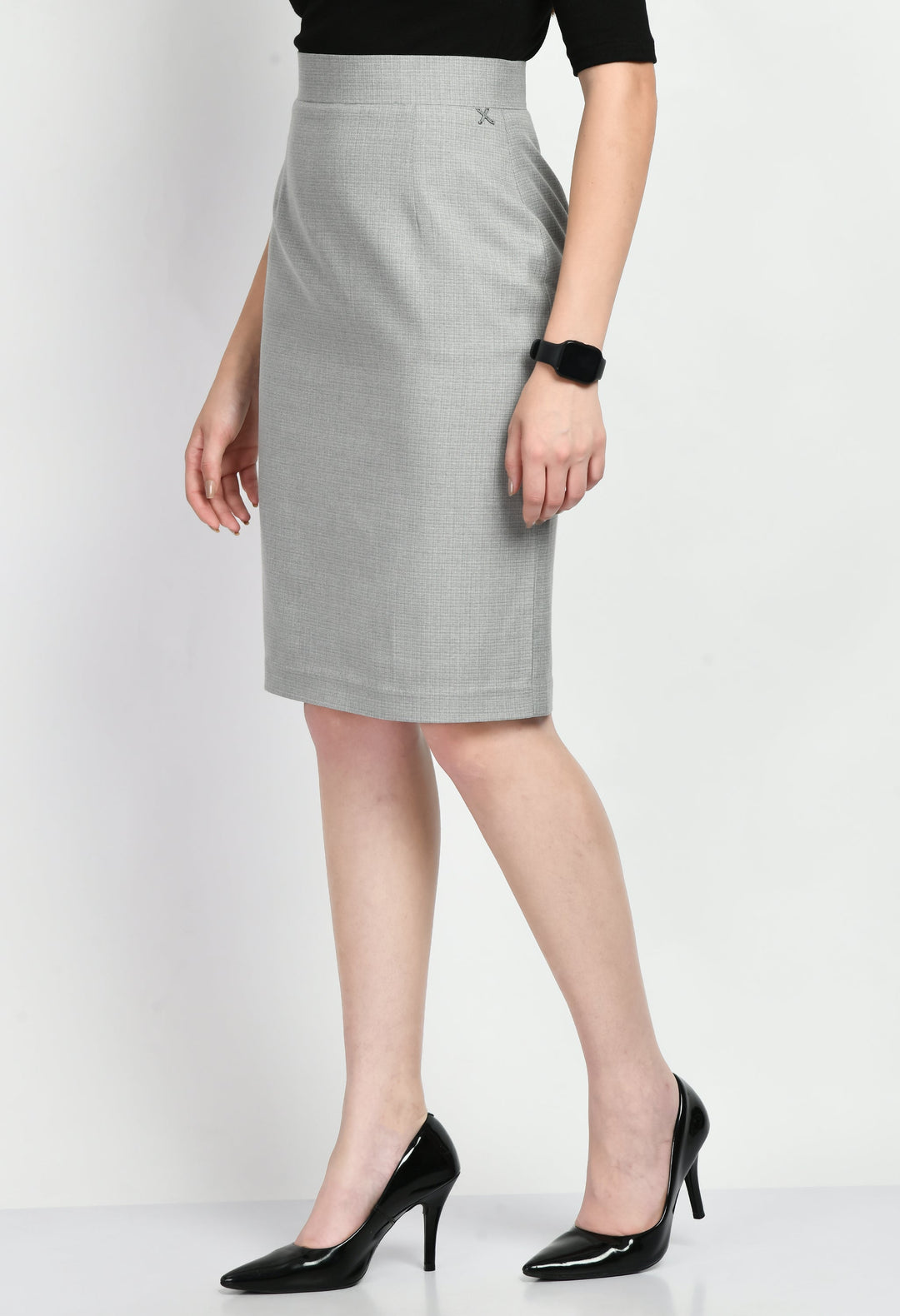 Grey-Cotton-Blend-Empathy-Checked-Pencil-Skirt