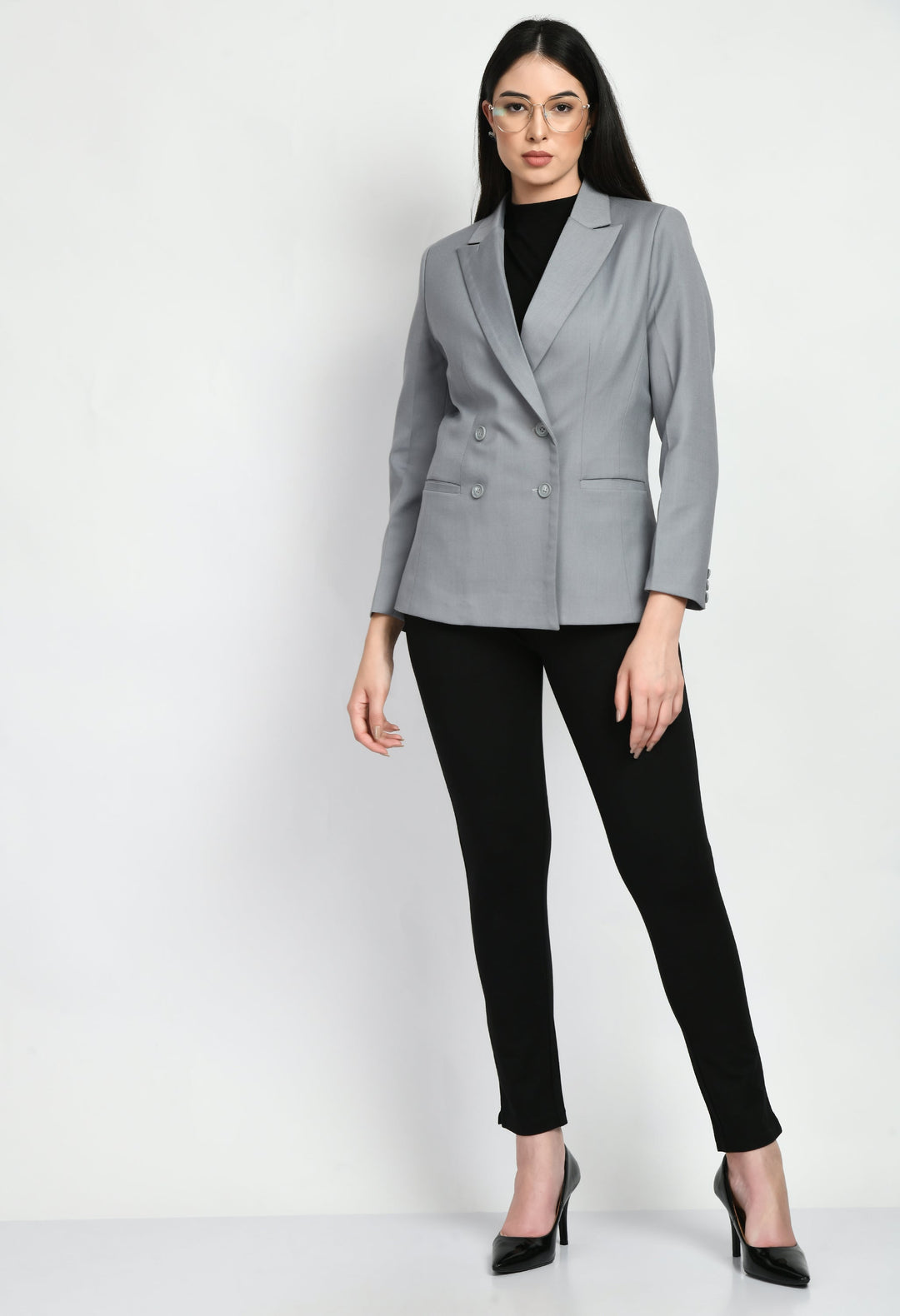 Grey-Cotton-Blend-Poise-Double-Breasted-Medium-Blazer