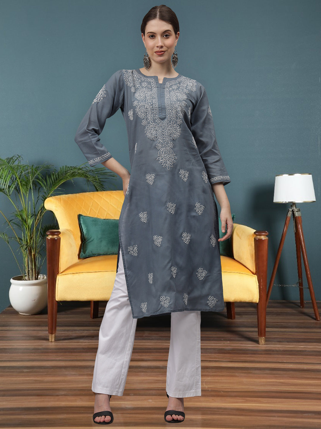 Grey-Cotton-Embroidered-Chikankari-Straight-Kurti