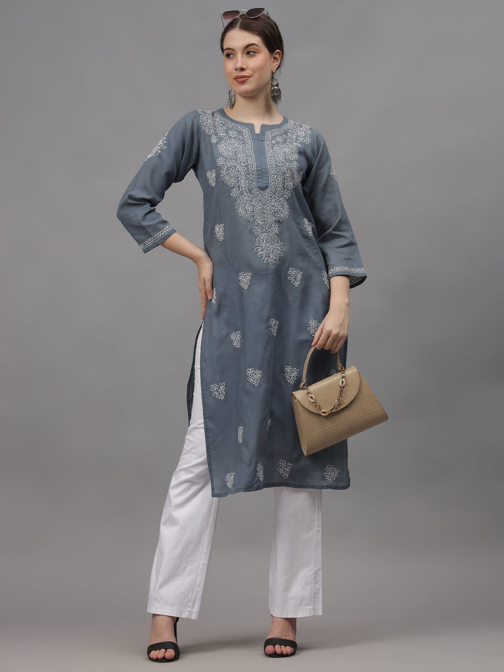 Grey-Cotton-Embroidered-Chikankari-Straight-Kurti