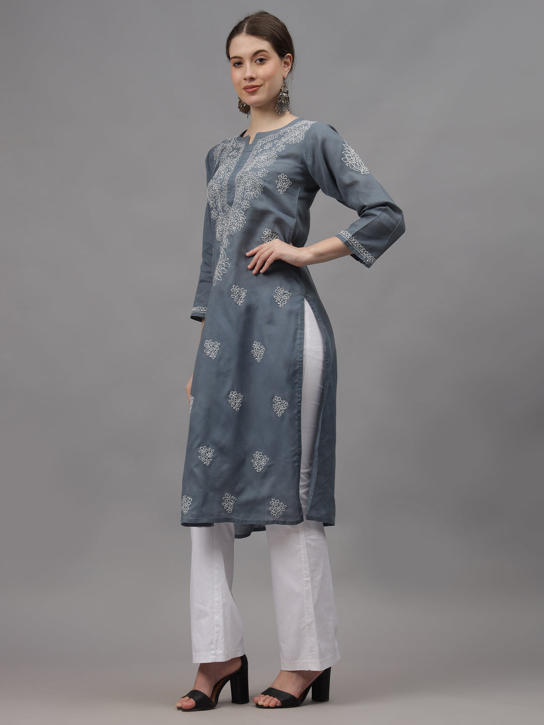 Grey-Cotton-Embroidered-Chikankari-Straight-Kurti