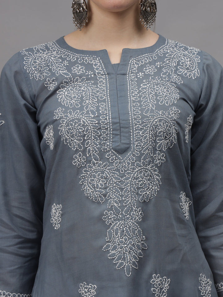 Grey-Cotton-Embroidered-Chikankari-Straight-Kurti