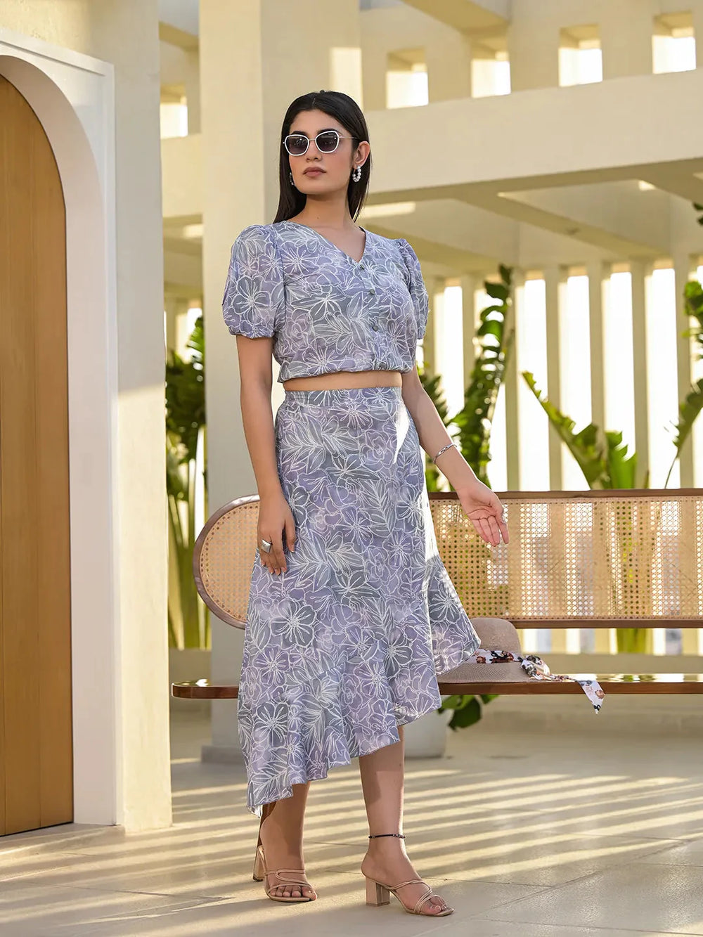 Grey-&-White-Cotton-Floral-Print-Skirt-Set