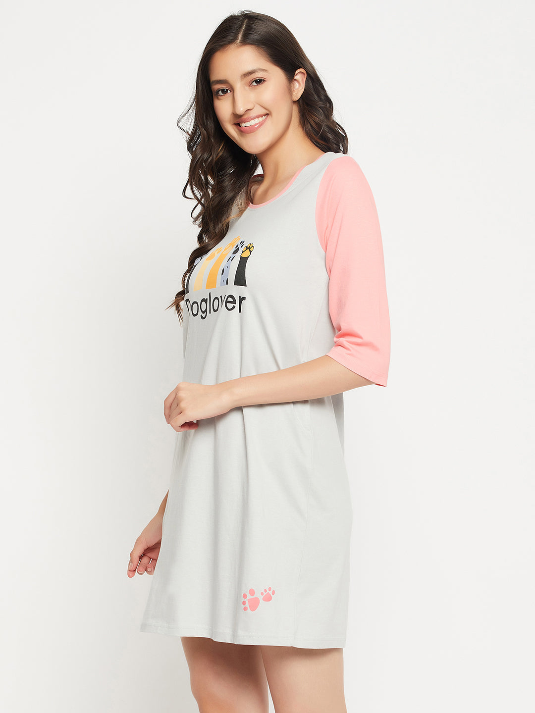 Grey-Cotton-Graphic-Print-Colourblocked-Short-Night-Dress