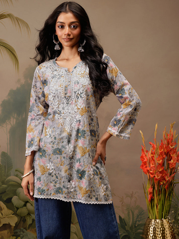 Grey Cotton Lucknowi Chikankari Tunic Only