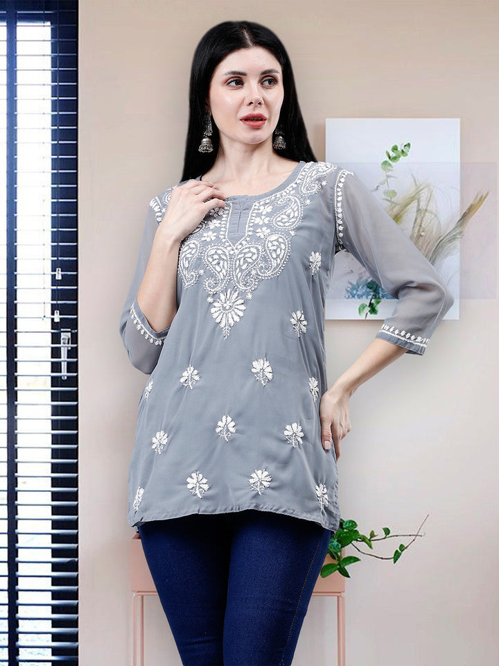 Grey-Georgette-Chikankari-Short-Tunic-with-Inner-Slip