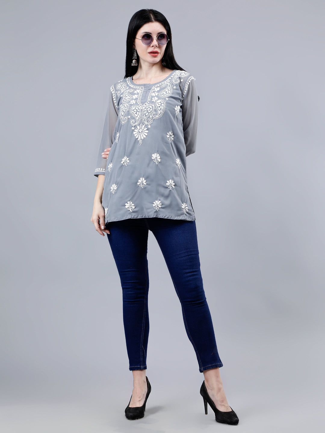 Grey-Georgette-Chikankari-Short-Tunic-with-Inner-Slip