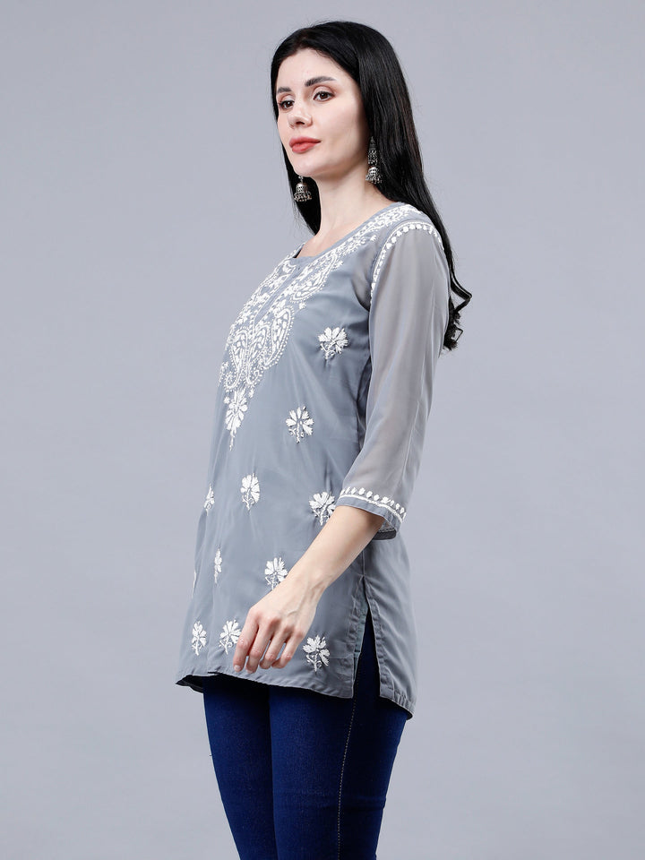 Grey-Georgette-Chikankari-Short-Tunic-with-Inner-Slip