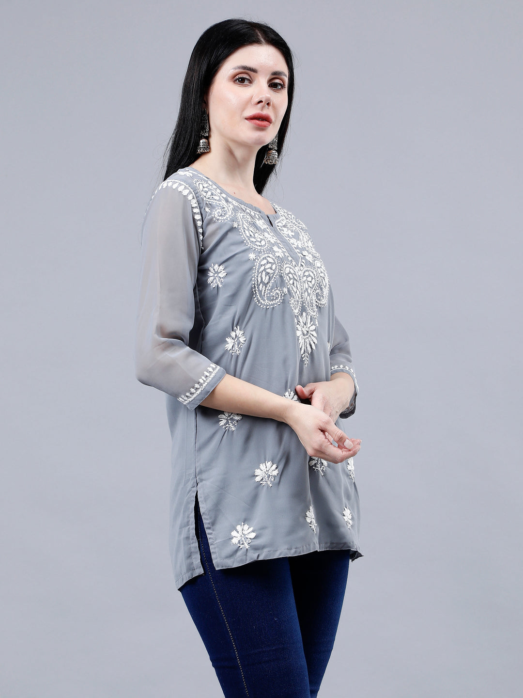 Grey-Georgette-Chikankari-Short-Tunic-with-Inner-Slip