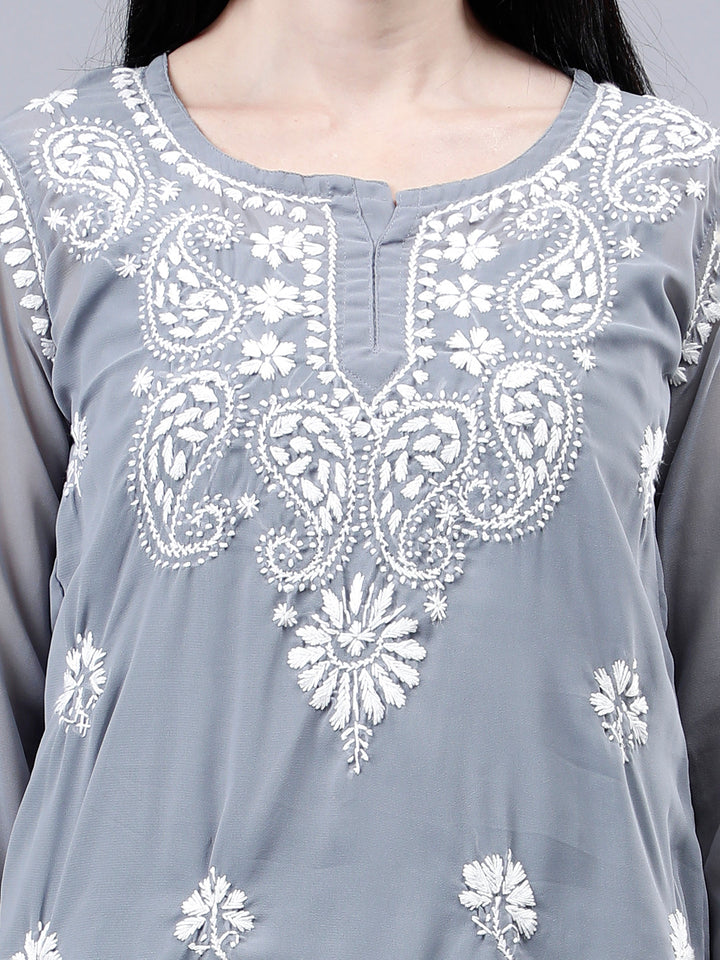 Grey-Georgette-Chikankari-Short-Tunic-with-Inner-Slip