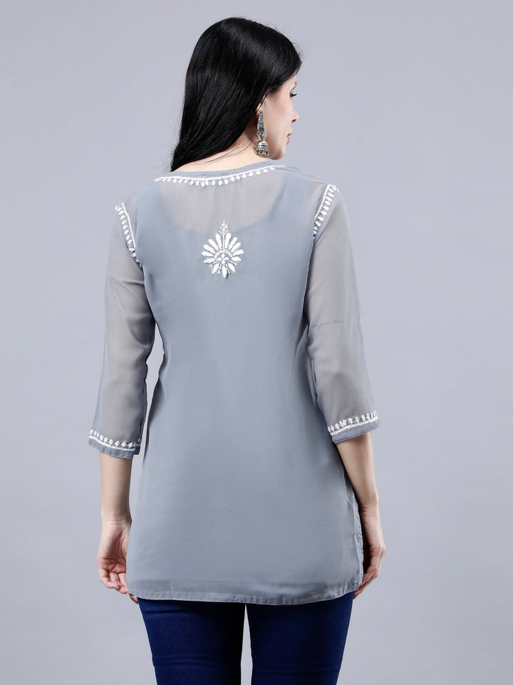 Grey-Georgette-Chikankari-Short-Tunic-with-Inner-Slip