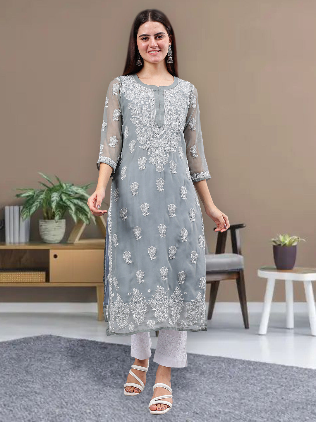 Grey-Georgette-Embroidery-Chikankari-Kurta-With-Slip