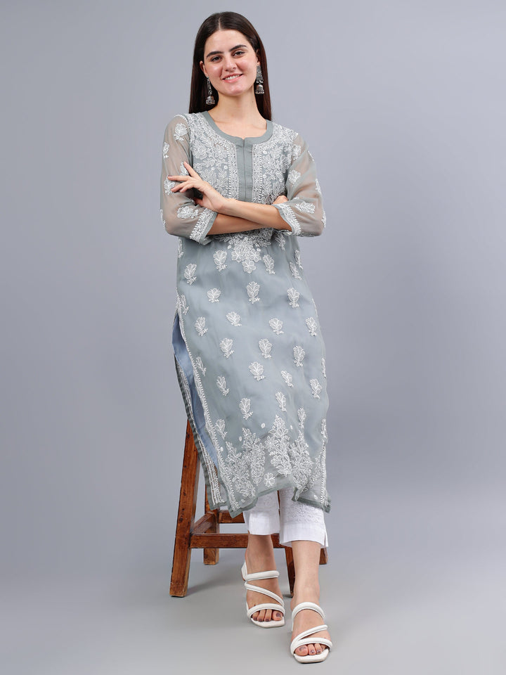 Grey-Georgette-Embroidery-Chikankari-Kurta-With-Slip