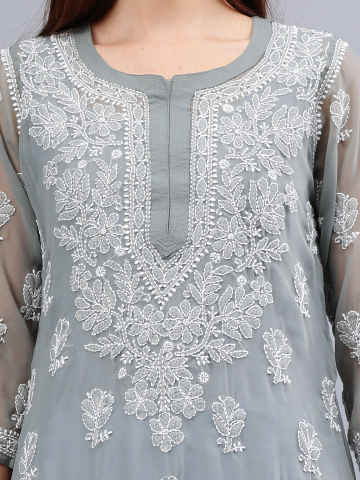 Grey-Georgette-Embroidery-Chikankari-Kurta-With-Slip