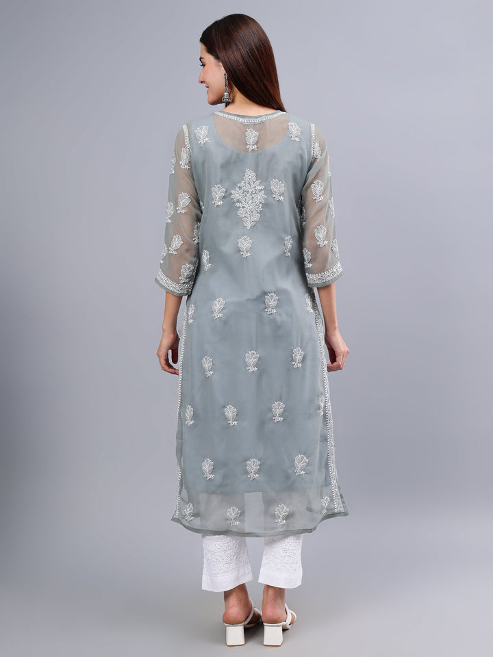 Grey-Georgette-Embroidery-Chikankari-Kurta-With-Slip