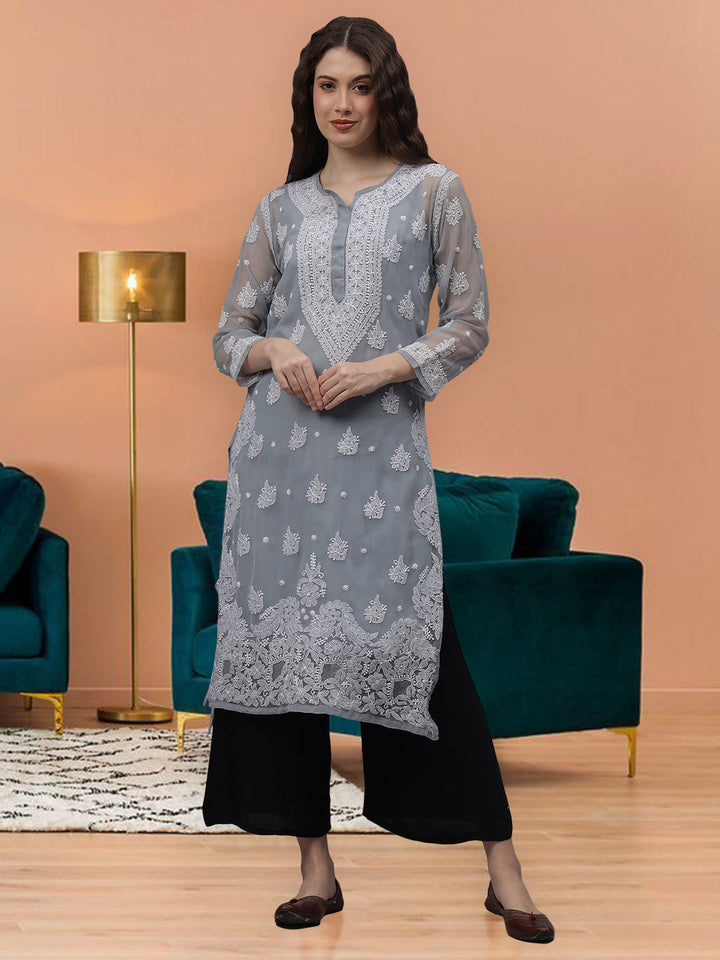 Grey-Georgette-Embroidery-Chikankari-Kurti-With-Slip