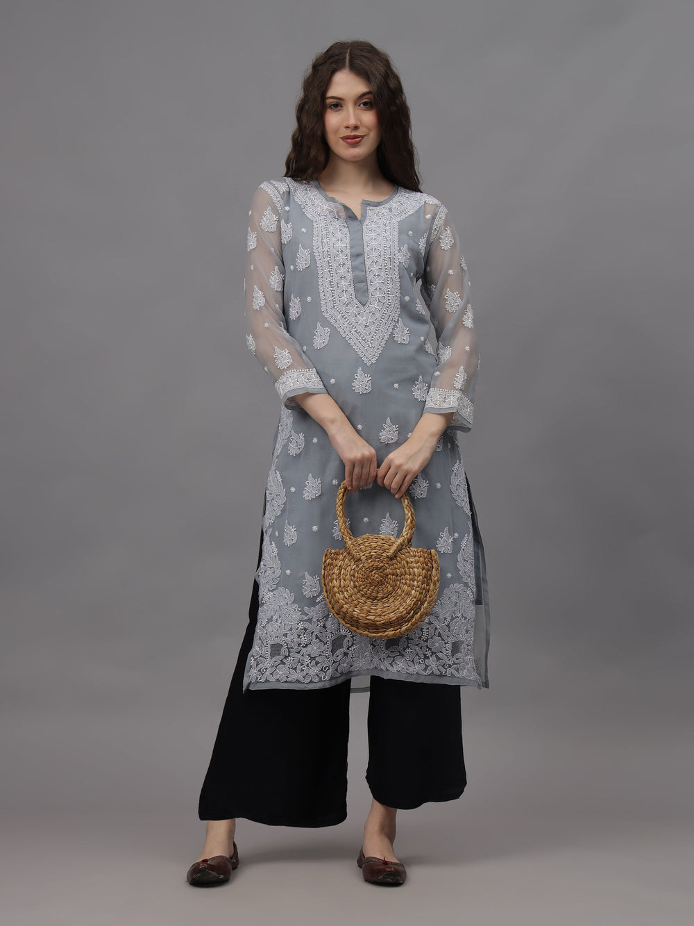 Grey-Georgette-Embroidery-Chikankari-Kurti-With-Slip