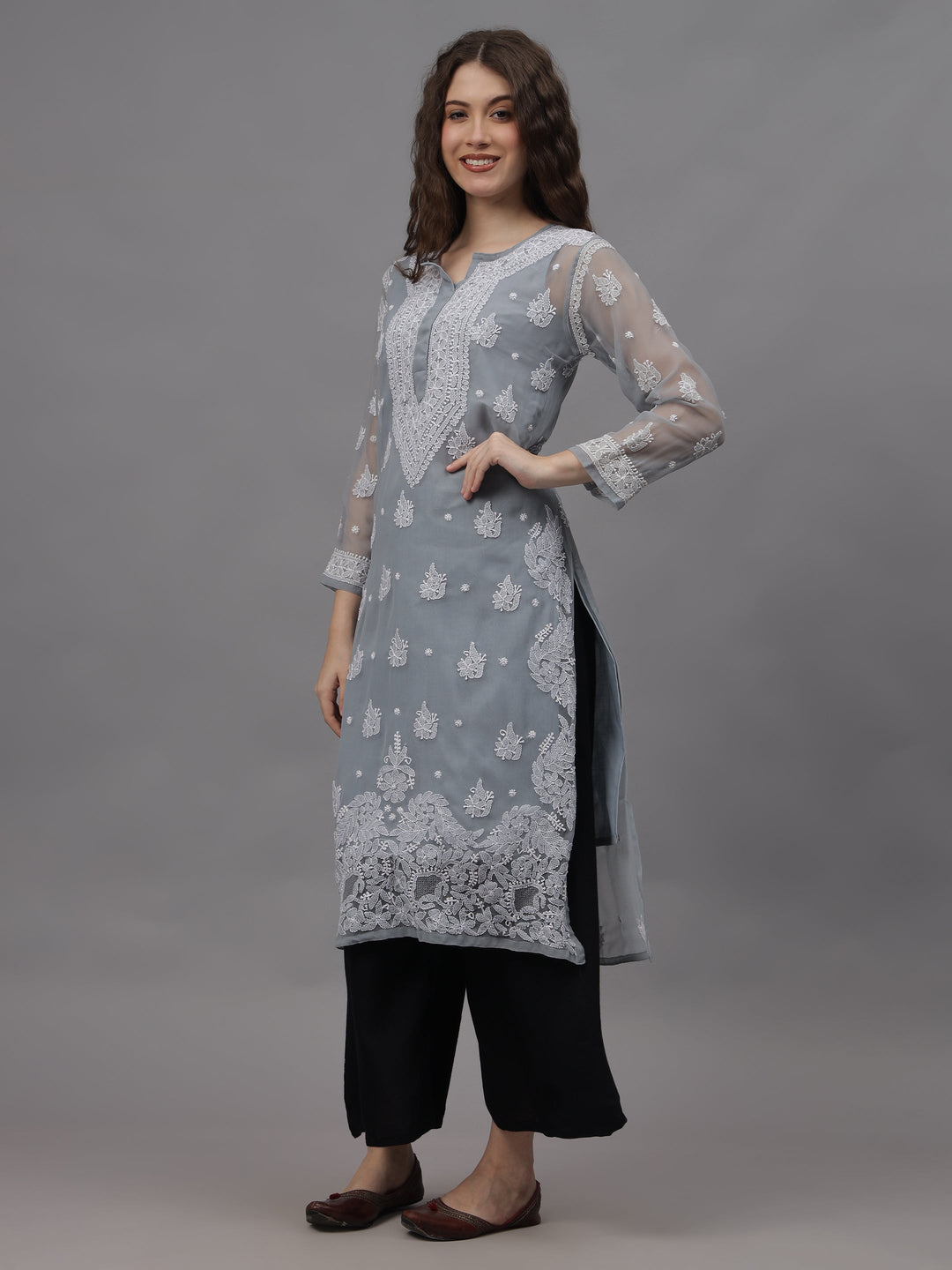 Grey-Georgette-Embroidery-Chikankari-Kurti-With-Slip