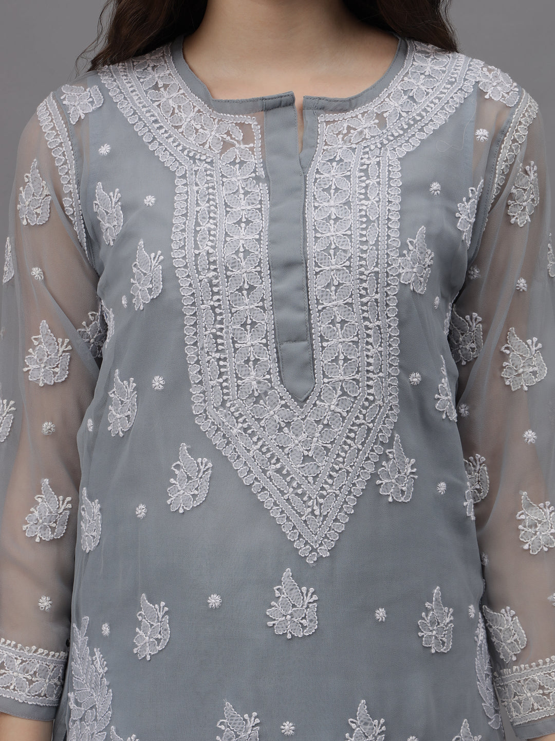 Grey-Georgette-Embroidery-Chikankari-Kurti-With-Slip