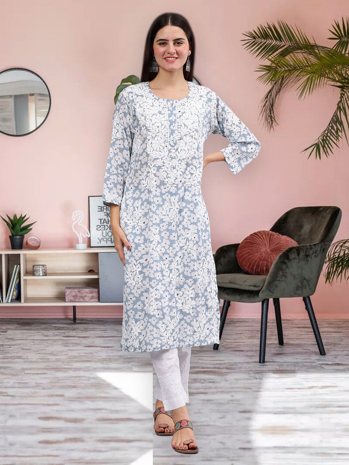 Grey Mulmul Embroidered Chikankari Kurti