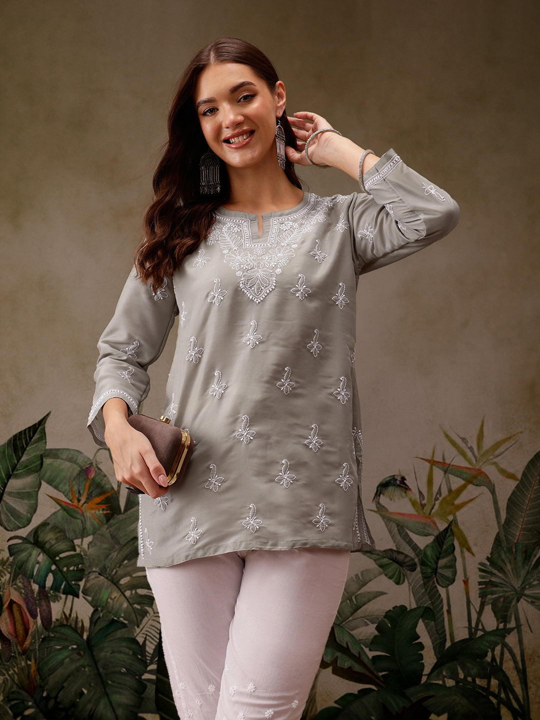 Grey Muslin Lucknowi Chikankari Tunic Only